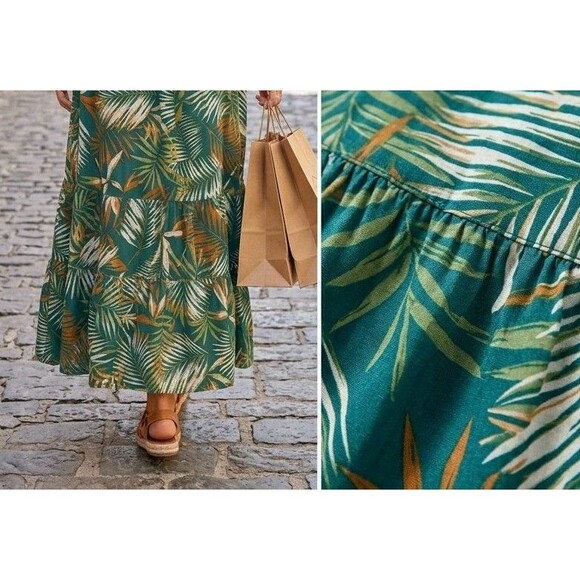 Green Floral Tropical Smocked Puff Sleeve Off On Shoulder Midi Floral Sundress M - Picture 4 of 6